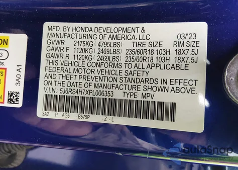 2023 Honda Cr-V Ex-L Awd z USA, uszkodzony, nr VIN 5J6RS4H7XPL006353